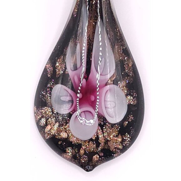 Handcrafted Lampwork Glass Floral Pendant Pink Glitter Teardrop Jewelry Art - Picture 4 of 4